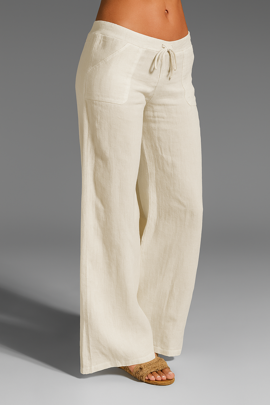 Women's linen pants, wide cut, elastic waistband