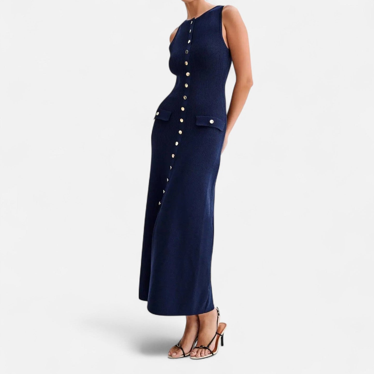 Ancient World | Long Knit Dress with Buttons for Women – Sleeveless Summer Elegance