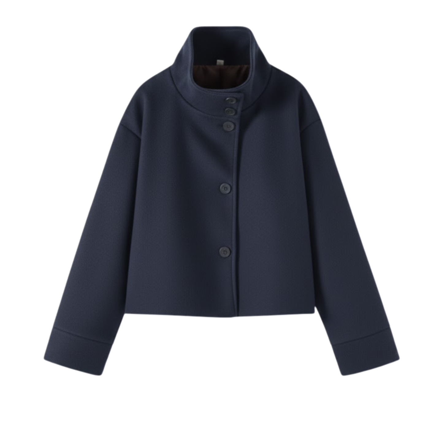 Women's winter coat in wool with a stand-up collar, single-breasted, loose fit and long sleeves