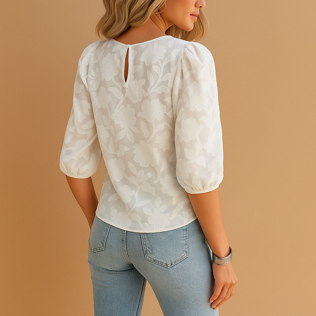 Women's top with round neck, puff sleeves, floral pattern
