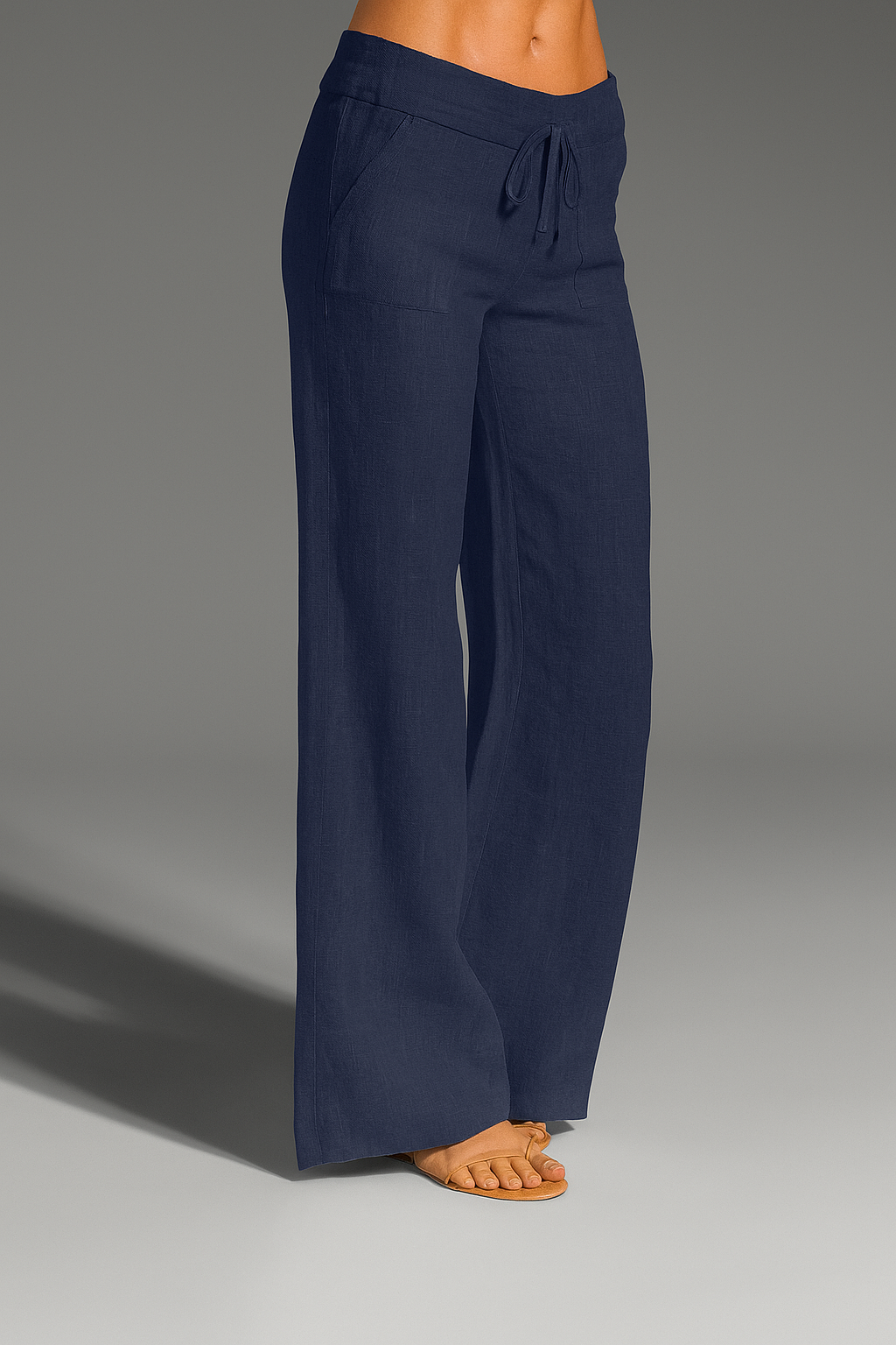 Women's linen pants, wide cut, elastic waistband