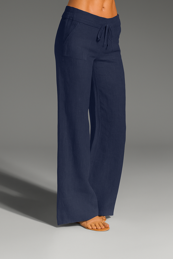 Women's linen pants, wide cut, elastic waistband
