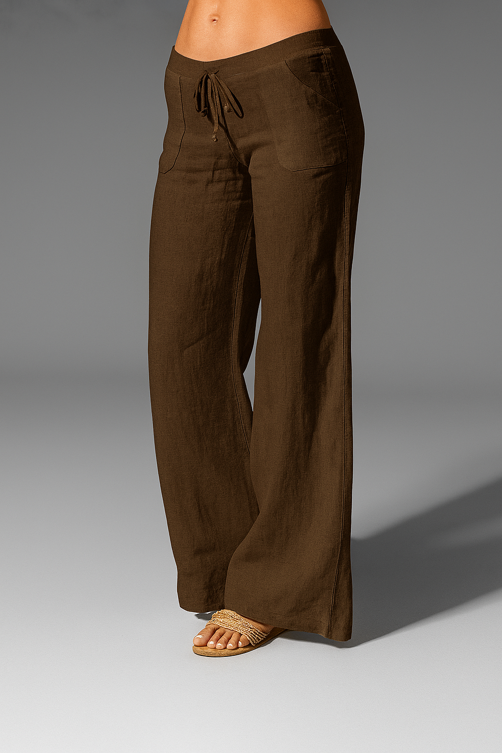 Women's linen pants, wide cut, elastic waistband