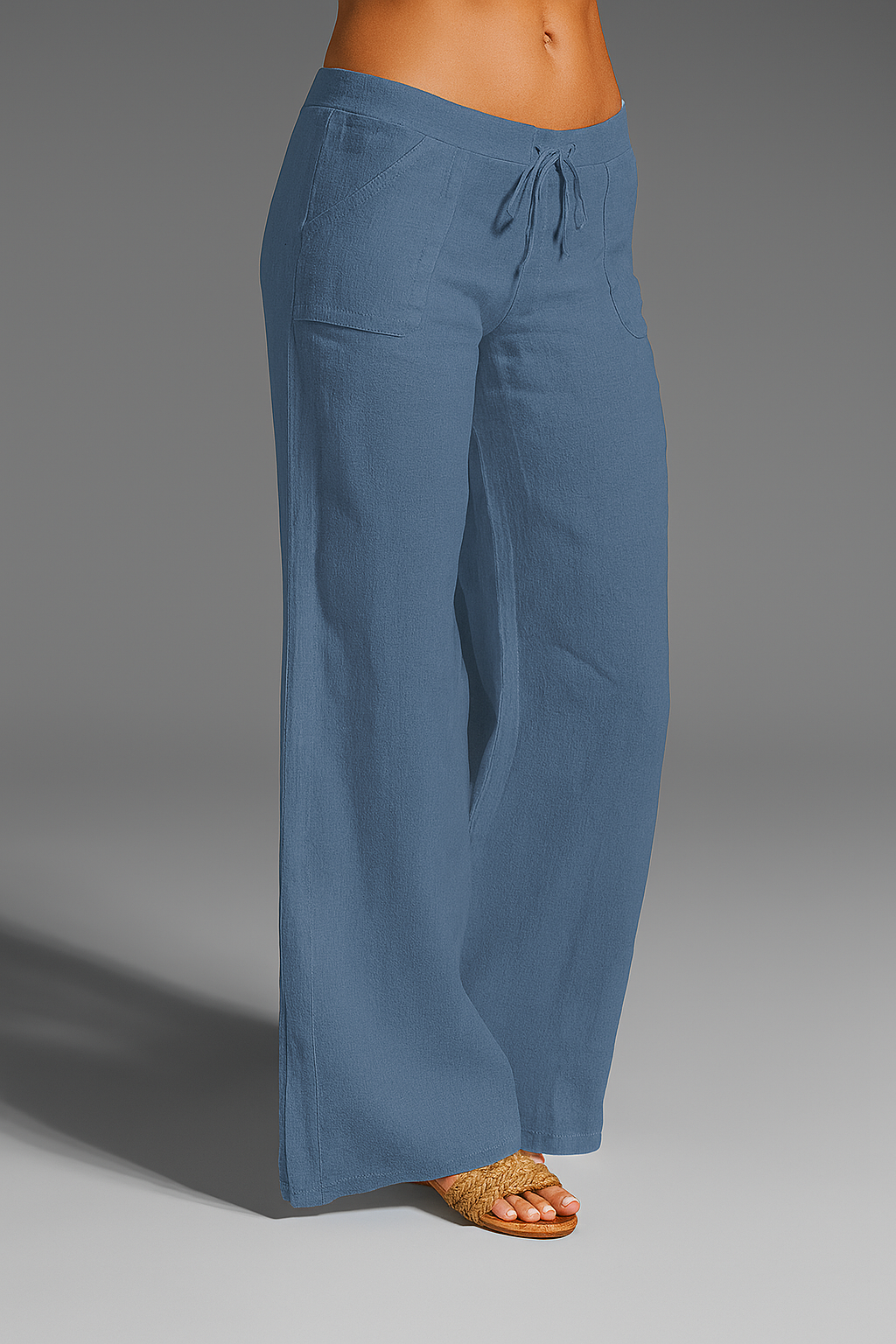 Women's linen pants, wide cut, elastic waistband