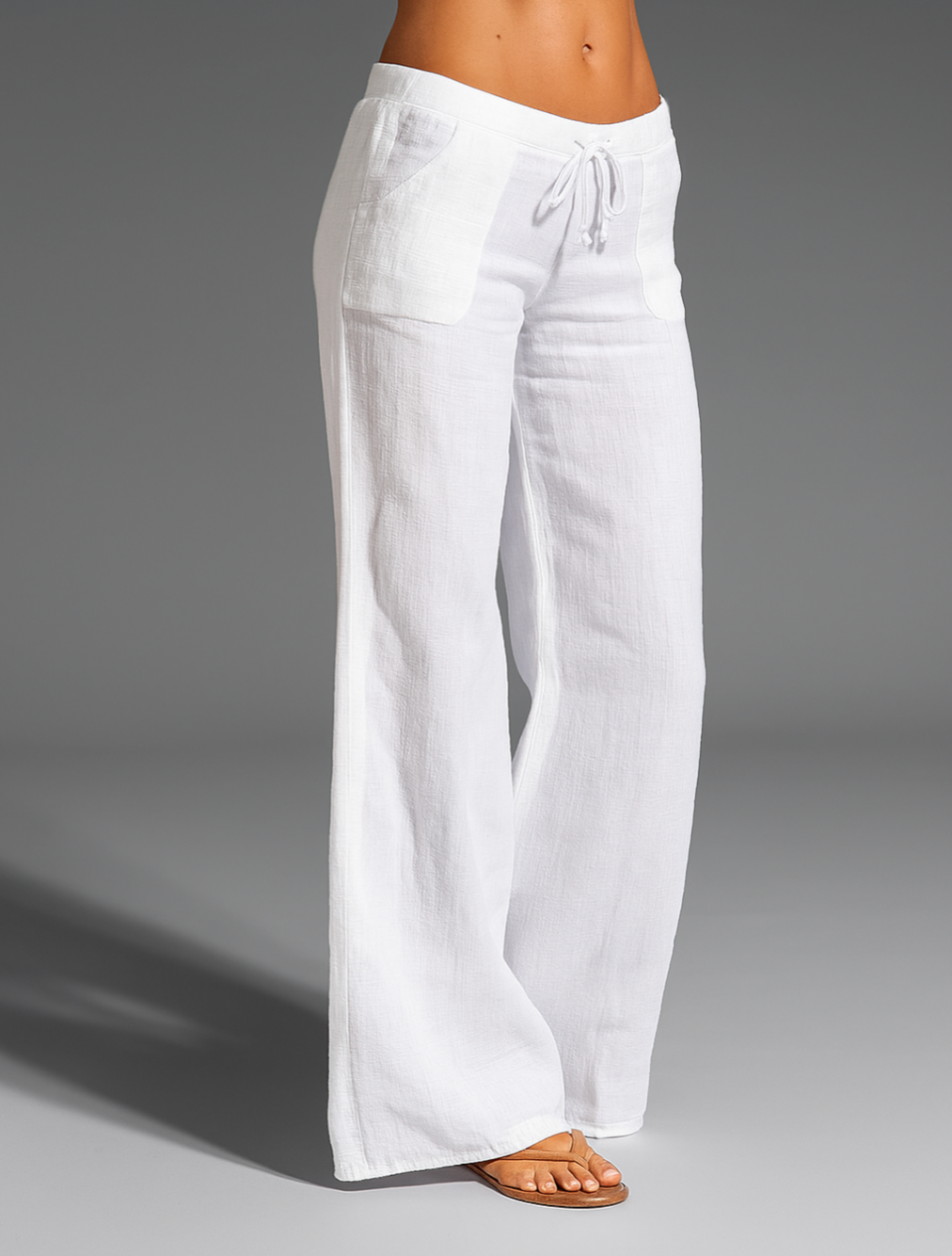 Women's linen pants, wide cut, elastic waistband