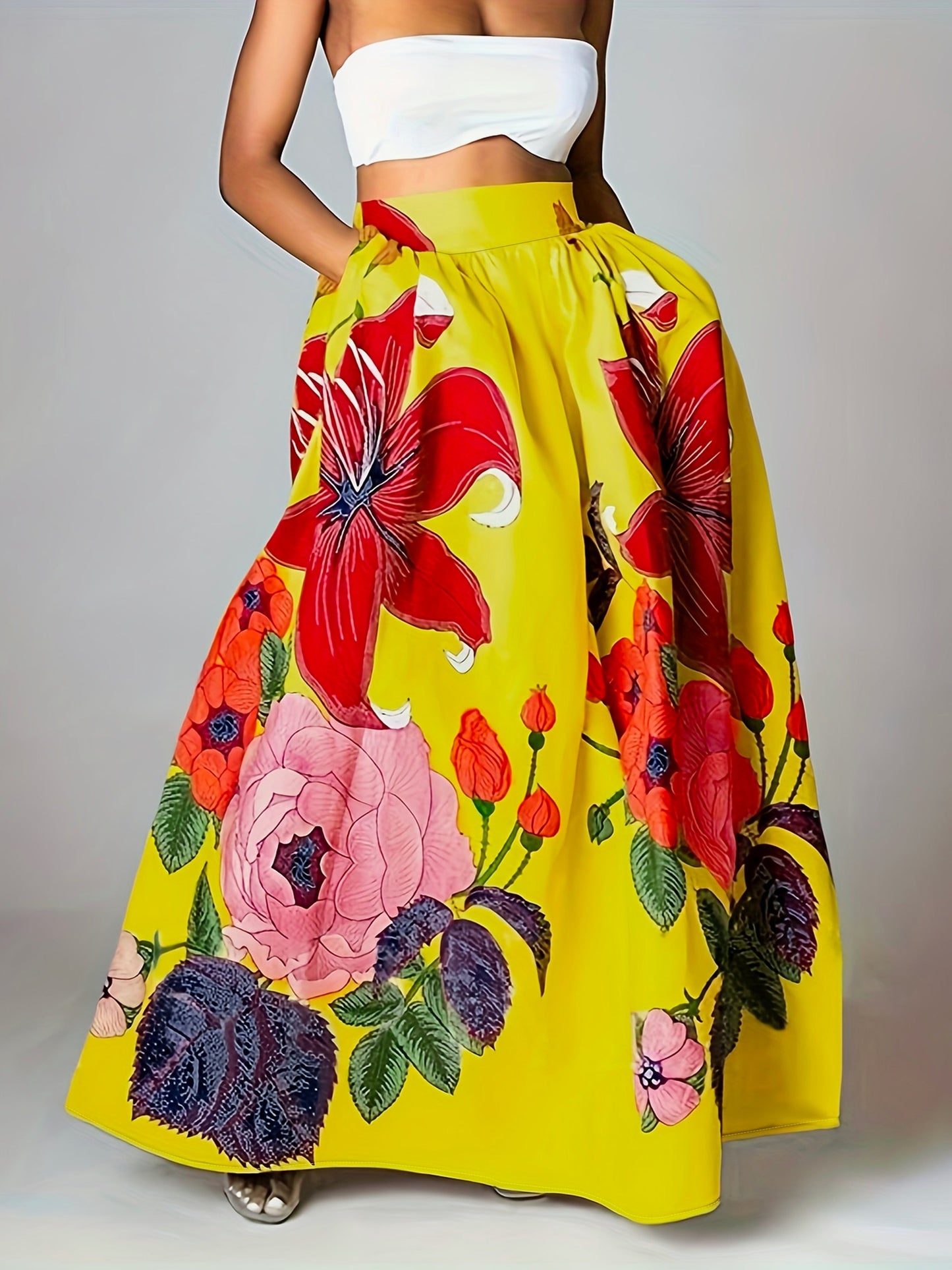 Women's Maxi Skirt Cotton Blend Flared Floral Cut