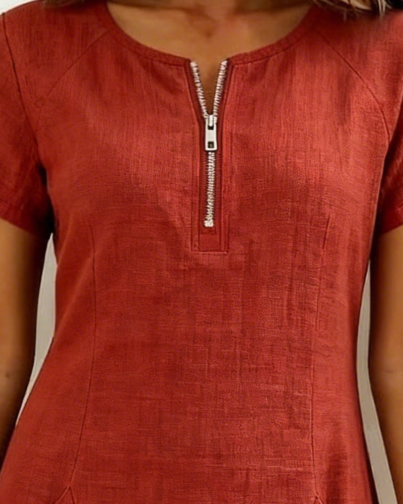Women's Linen Dress with Zip Collar, A-Line Cut