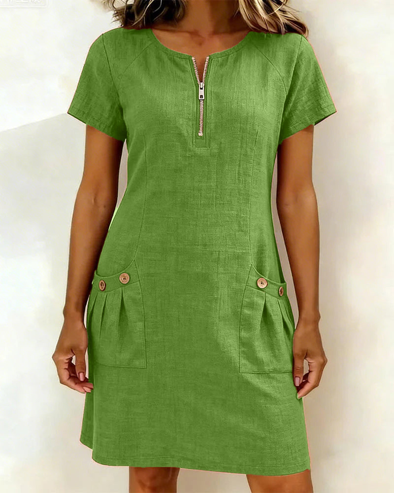 Women's Linen Dress with Zip Collar, A-Line Cut
