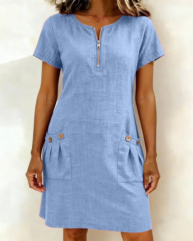 Women's Linen Dress with Zip Collar, A-Line Cut