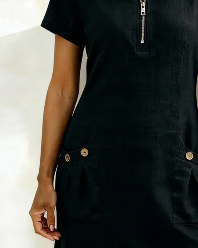 Women's Linen Dress with Zip Collar, A-Line Cut