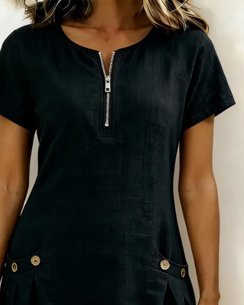 Women's Linen Dress with Zip Collar, A-Line Cut