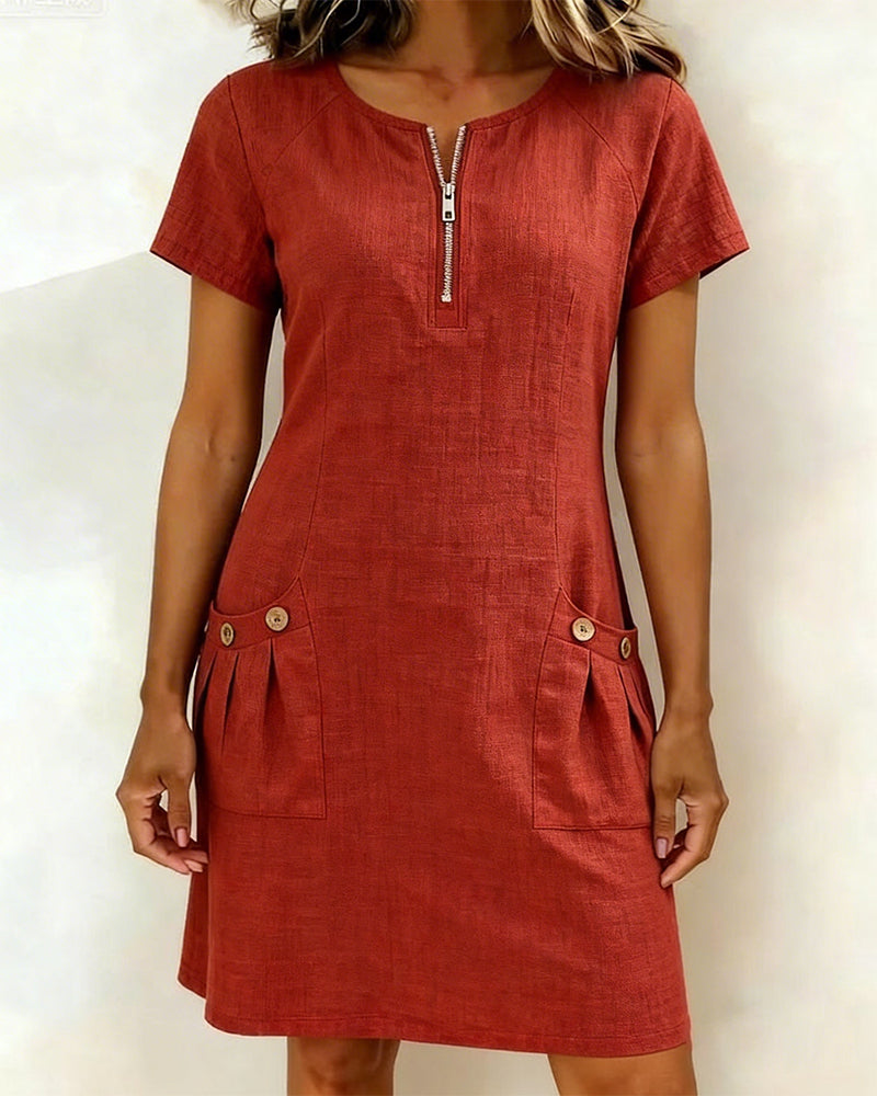 Women's Linen Dress with Zip Collar, A-Line Cut