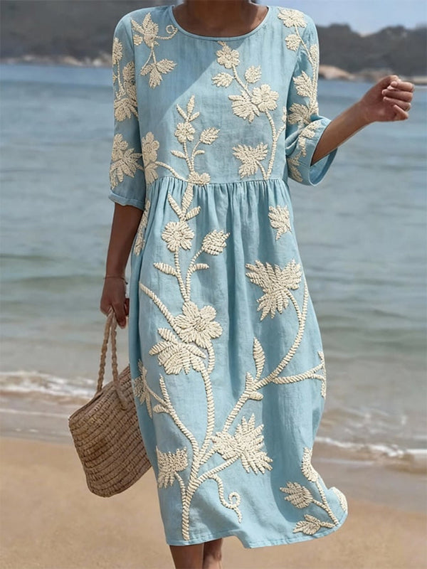 Embroidered Midi Dress for Women with Flowing Fit