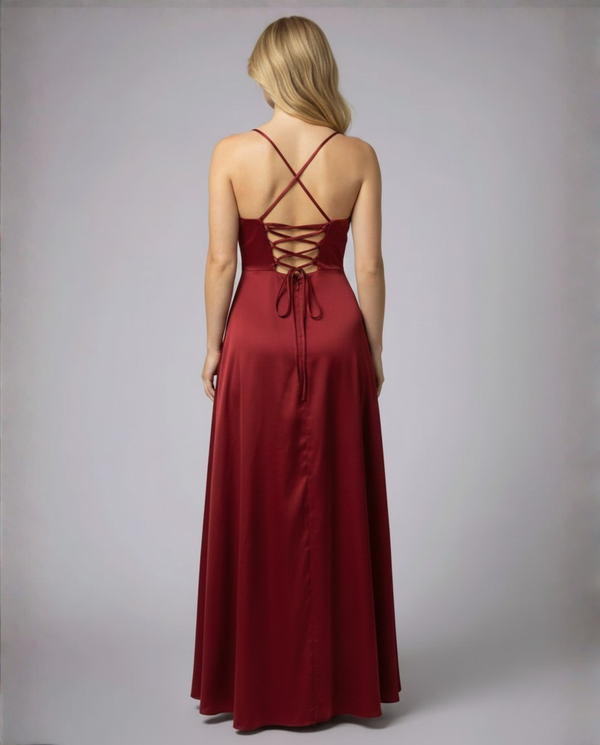 Women's long cocktail dress - elegant draped with thin straps - wedding