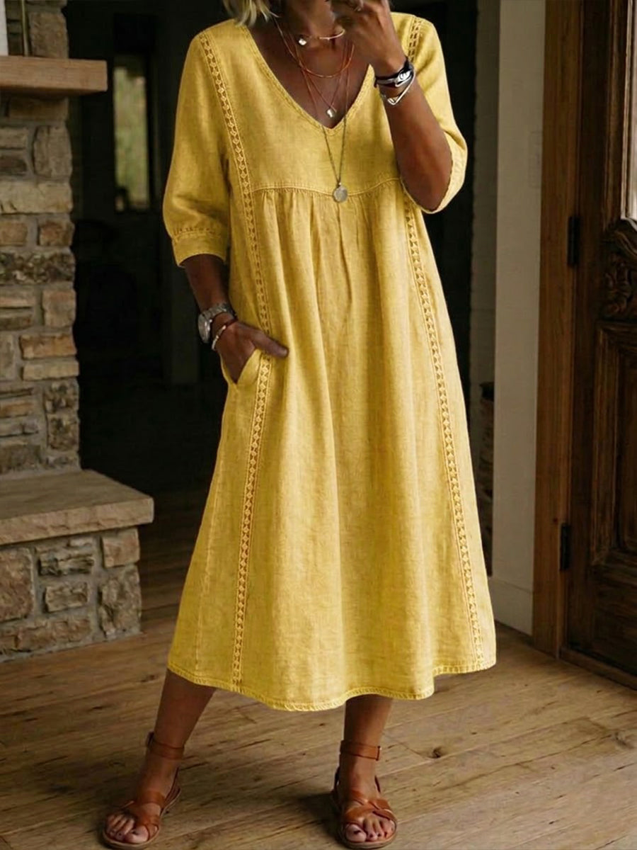 Women's Mid-Length Dress with V-Neck, Loose Fit, Everyday Wear