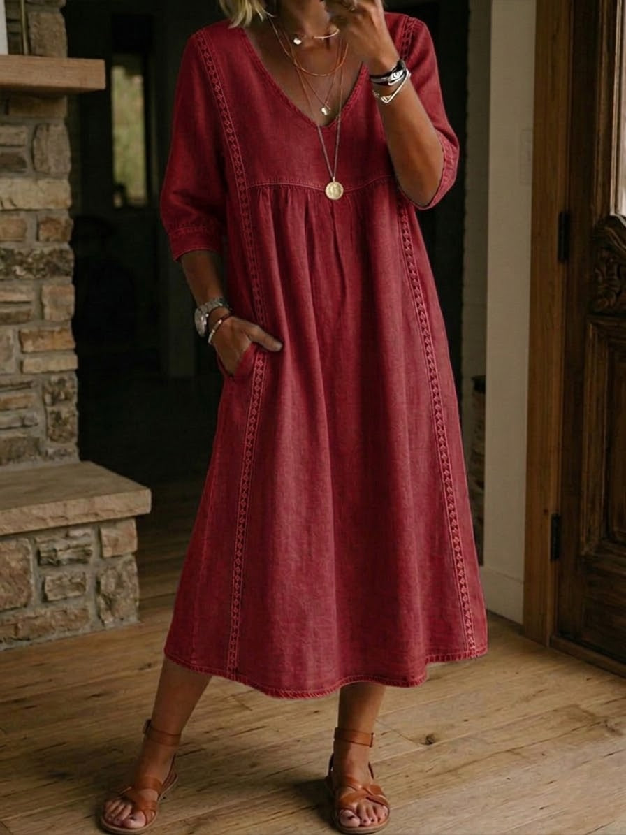 Women's Mid-Length Dress with V-Neck, Loose Fit, Everyday Wear
