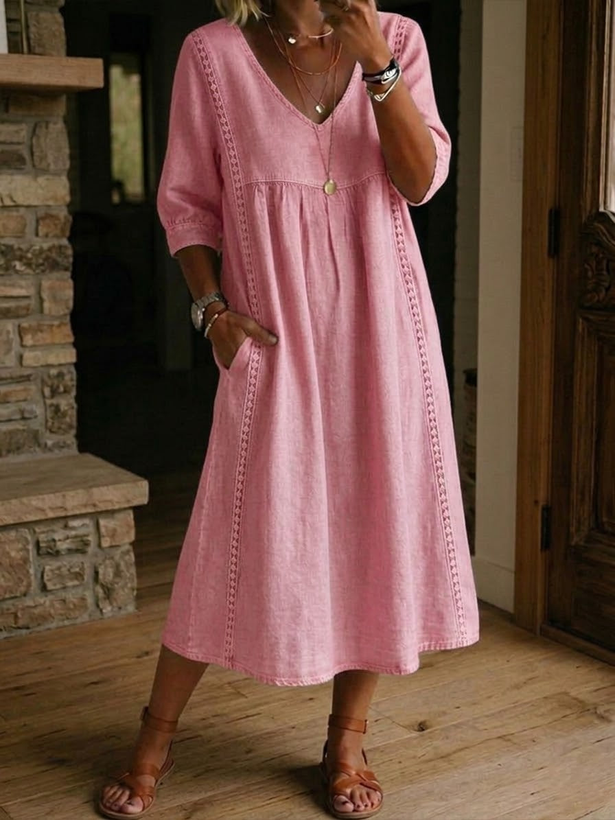 Women's Mid-Length Dress with V-Neck, Loose Fit, Everyday Wear