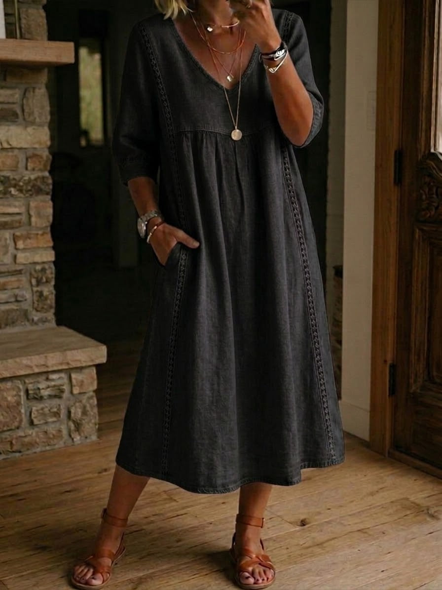 Women's Mid-Length Dress with V-Neck, Loose Fit, Everyday Wear