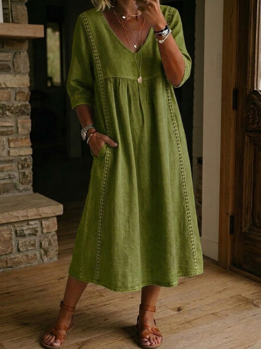 Women's Mid-Length Dress with V-Neck, Loose Fit, Everyday Wear