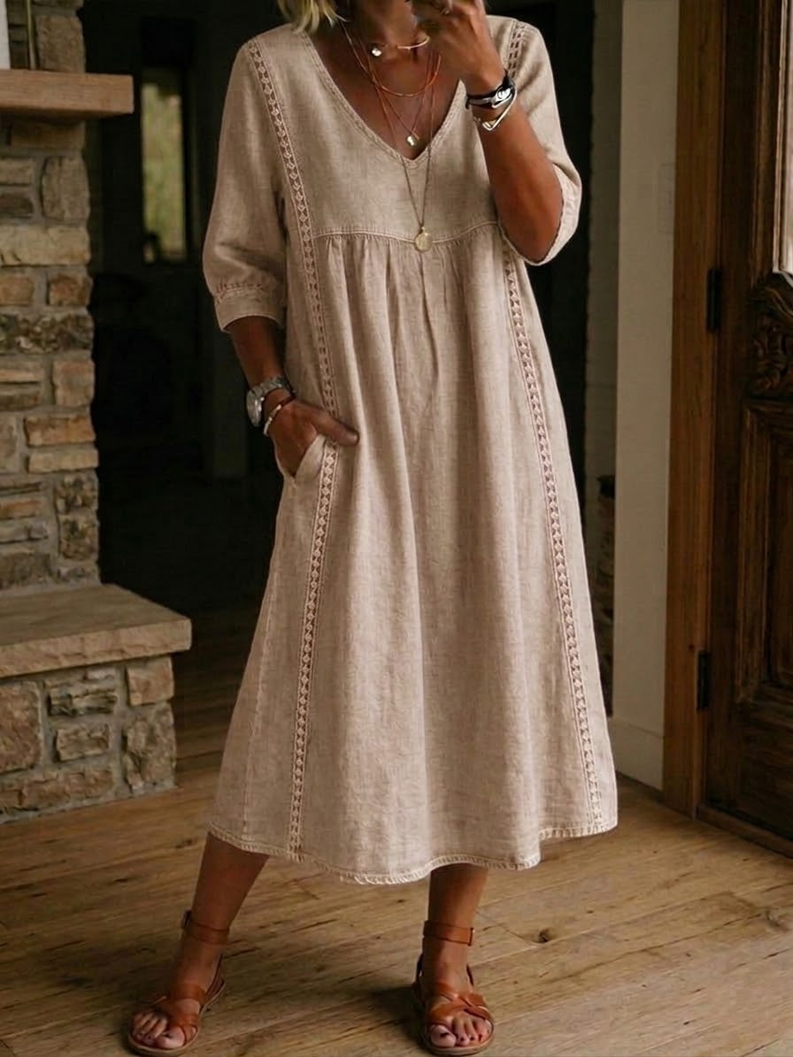 Women's Mid-Length Dress with V-Neck, Loose Fit, Everyday Wear