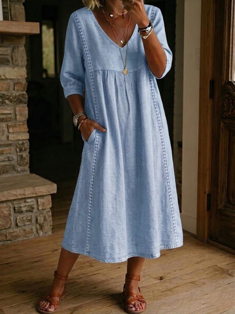 Women's Mid-Length Dress with V-Neck, Loose Fit, Everyday Wear