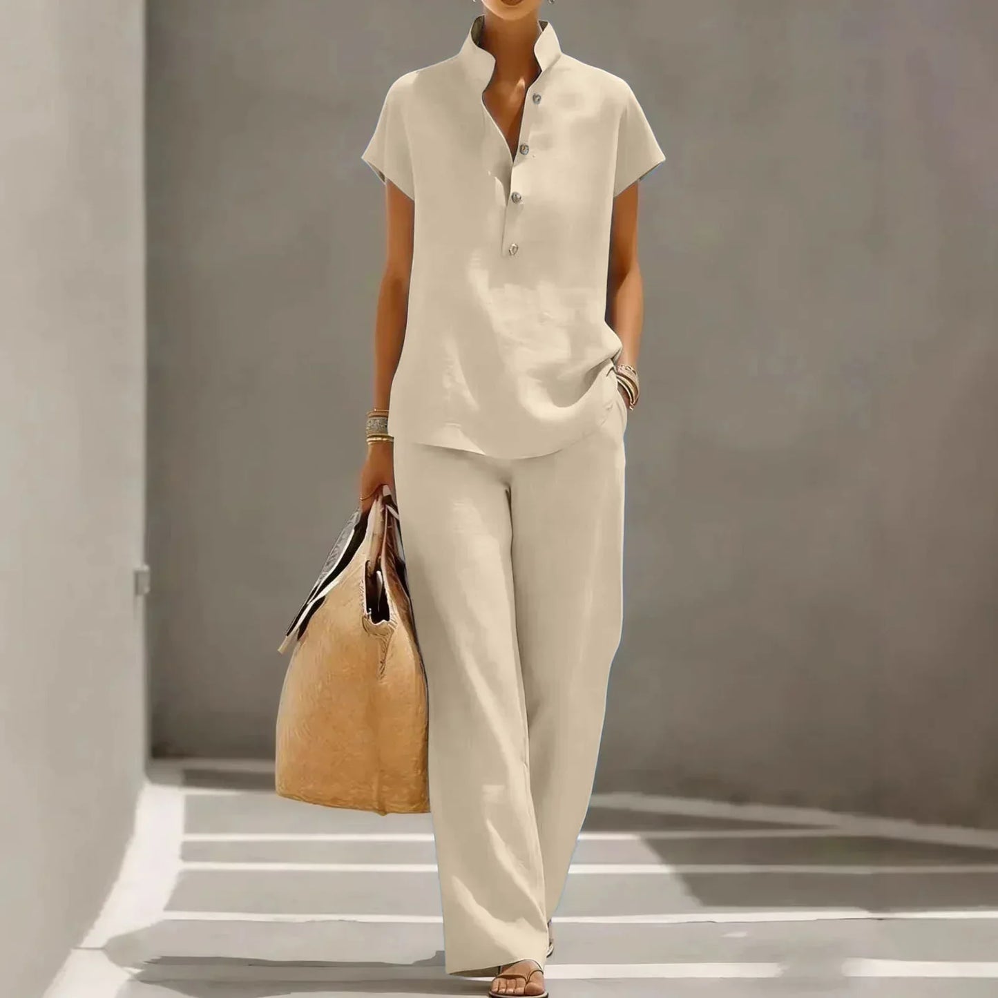 Two-piece women's set - linen blend - flowy travel pants
