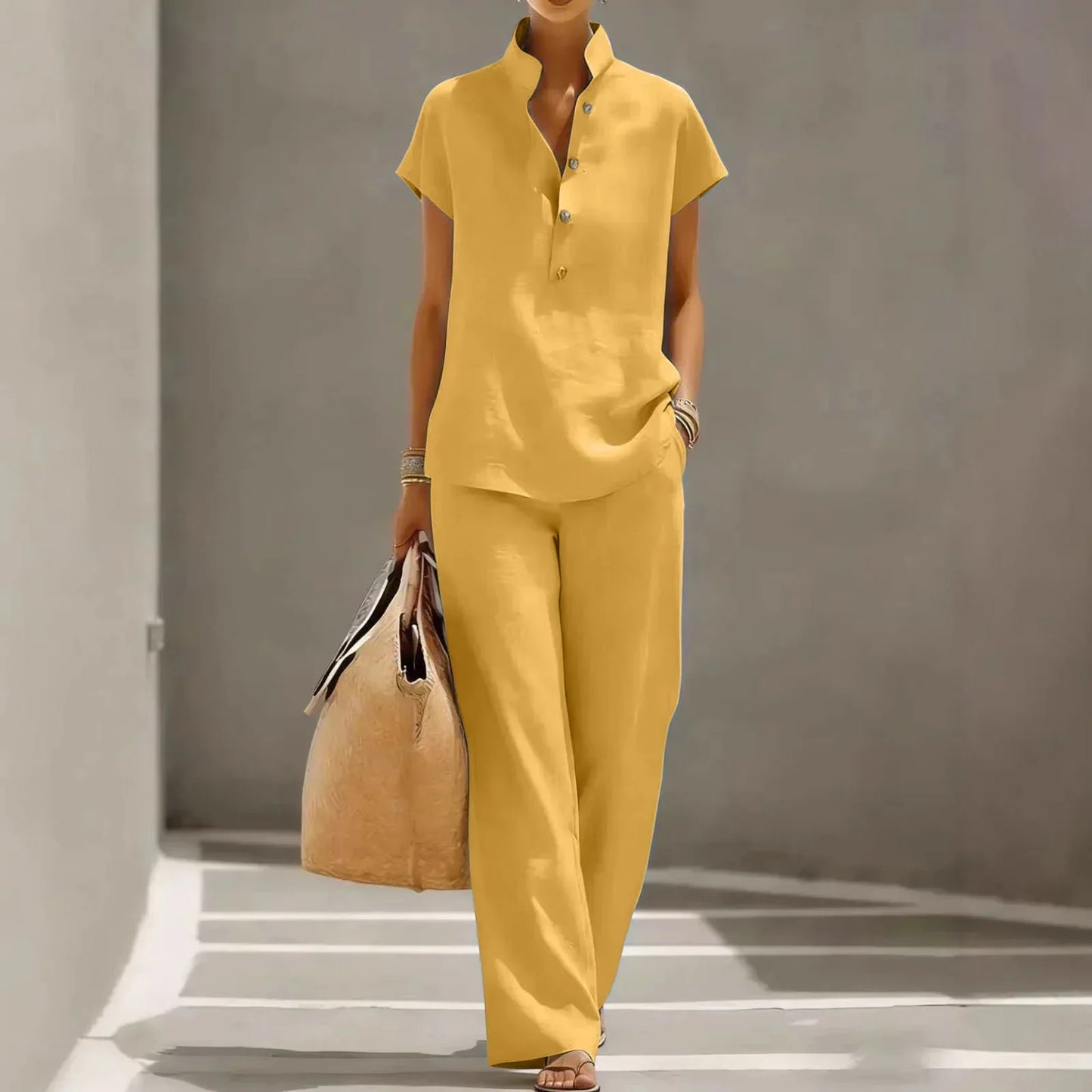 Two-piece women's set - linen blend - flowy travel pants