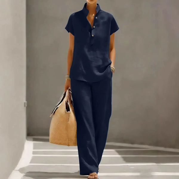 Two-piece women's set - linen blend - flowy travel pants