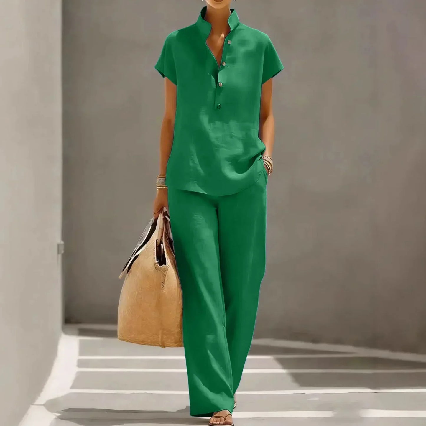 Two-piece women's set - linen blend - flowy travel pants