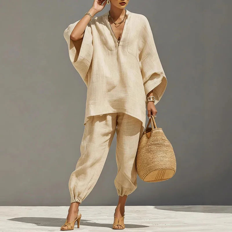 Two-piece women's set - loose-fit pullover - summer bohemian style