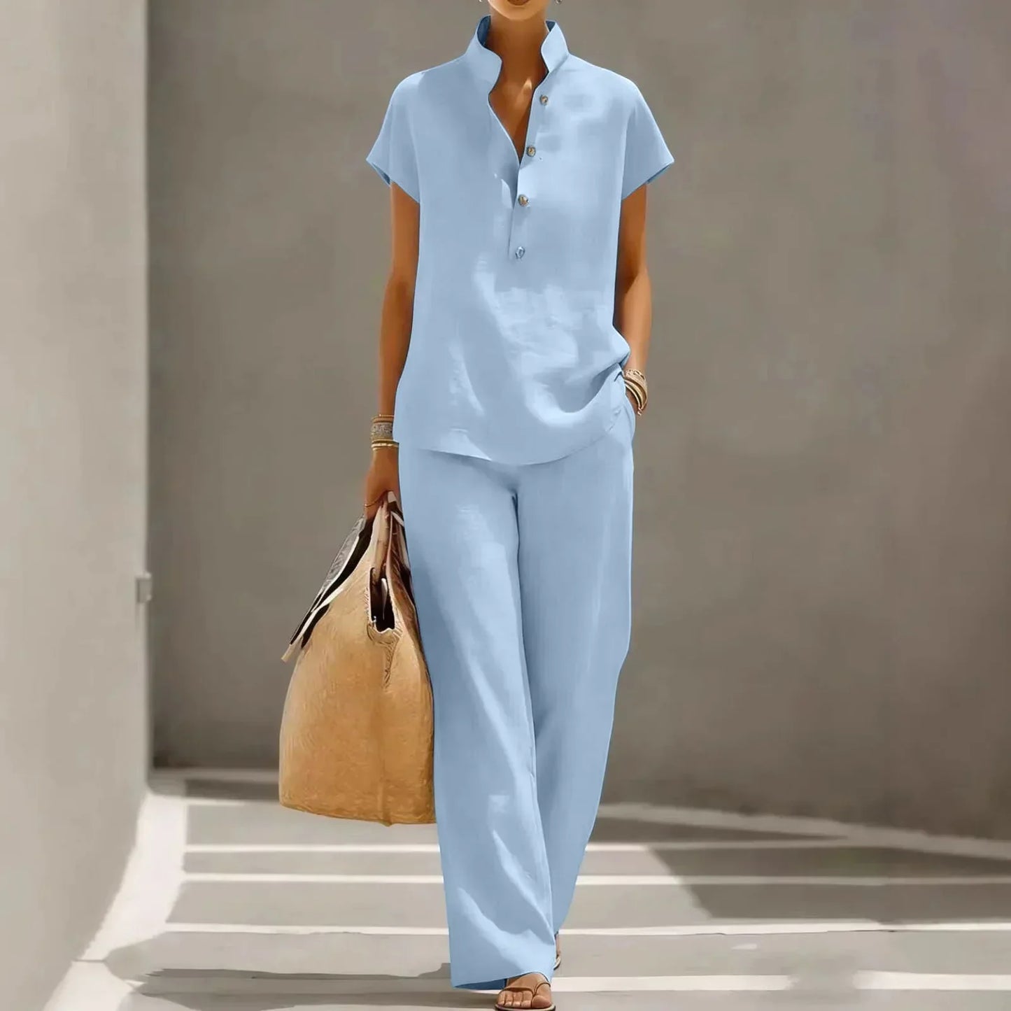 Two-piece women's set - linen blend - flowy travel pants