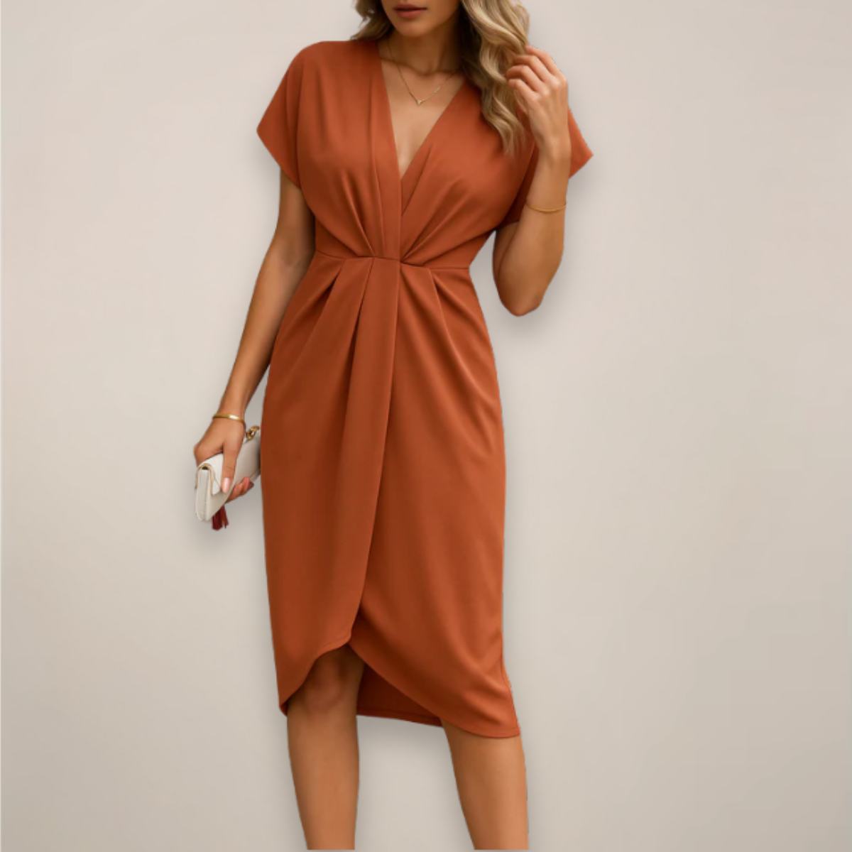 Short-Sleeve Wrap Midi Dress